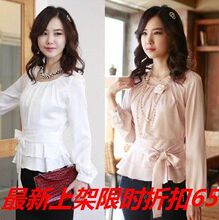 2011韩版新款春夏秋装  淑女收腰雪纺衬衫  长袖雪纺衫 雪纺上衣