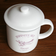 创意马克杯子白色仿搪瓷陶瓷杯，zakka风飞机气球，带盖个性茶缸水杯
