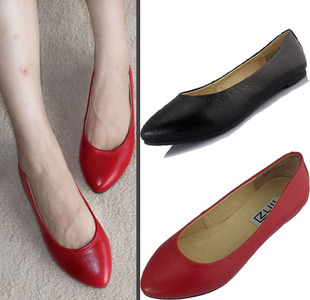  韩版新款 尖头 单鞋 平跟 平底鞋子 女鞋 红色新娘鞋婚鞋子