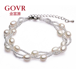  金富源珠宝 天然淡水珍珠手链正品 5-6mm 15颗珍珠环绕时尚女套装
