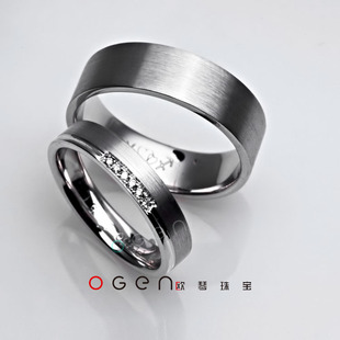  【欧琴珠宝】PT950铂金钻石婚戒男女戒定制3-8毫米宽情侣拉丝对戒