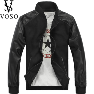  VOSO/沃索韩版修身春秋新品潮流薄款拼接皮夹克男士休闲外套衫
