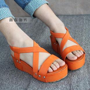  罗马鱼嘴坡跟鞋凉鞋厚底波西米亚松糕鞋 厚底 鞋罗马中跟松糕英伦