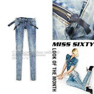 MISS SIXTY 画册款前置圆弧拉链雪花提臀修身牛仔铅笔裤 浅色款