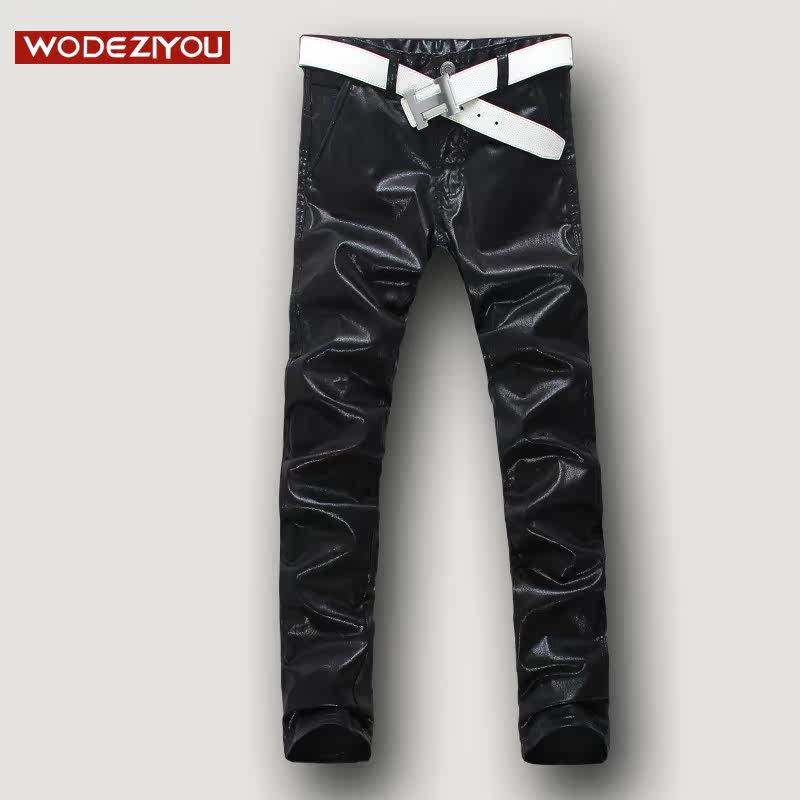 2012 winter new authentic slim small straight casual men's clothing men's black leather pants