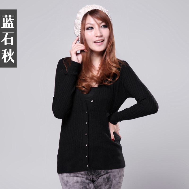 新款春装蓝石秋品牌韩版女装新款中长款V领开衫针织衫毛衣外套