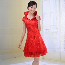 新娘旗袍 爱唯依2012时尚新款改良高领蕾丝红色结婚敬酒短旗袍