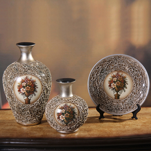  奢华工艺品陶瓷花瓶三件套家居饰品摆件 欧式装饰客厅装饰品摆设