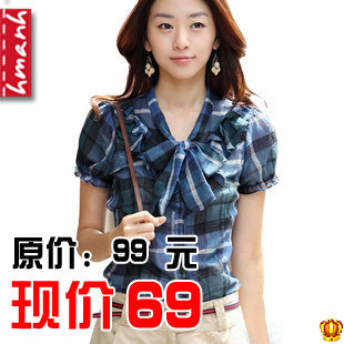 2012韩版新款夏季女装时尚蝴蝶结木耳边短袖蓝色女士格子衬衫<span class=H>C1</span>S
