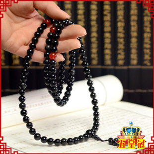  聚贤阁 开光黑曜石配红玛瑙念珠男女手链手串108颗佛珠 辟