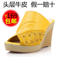 2012夏季新款真皮坡跟凉拖鞋 厚底高跟鱼嘴拖鞋子 女贝兰思琦84