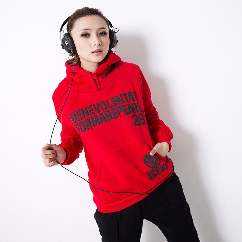 徽格儿 秋装新品 韩版时尚女装字28抓绒休闲卫衣 带帽红色印花款