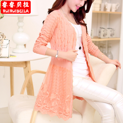 夏装新款2014蕾丝<em>中长款</em>镂空<em>长袖开衫针织</em>衫