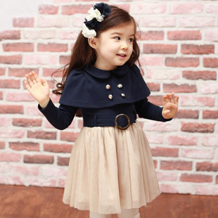 春季新款韩版披肩领女童裙童装裙子儿童连衣裙双排扣童装