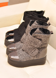  冬季呢料厚底鞋高帮魔术贴百搭优雅中筒靴马丁靴雪地靴潮鞋女