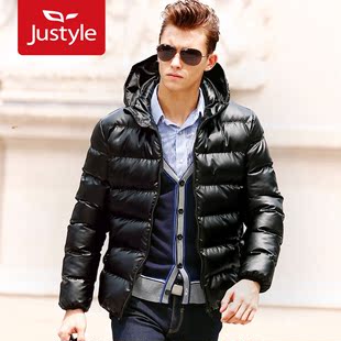  【Justyle】时尚PU水洗皮棉服 男士修身新款韩版连帽皮棉衣