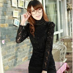  秋装新款韩版时尚修身气质女人雪纺蕾丝百搭 打底衫