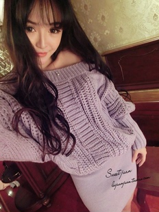 9009女装冬韩版一字领针织蝙蝠，袖露肩性感打底衫，毛衣连衣裙女