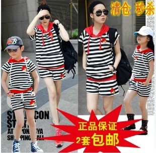  新款愤怒的小鸟亲子母子女短裤儿童套装男女条纹休闲韩版夏装
