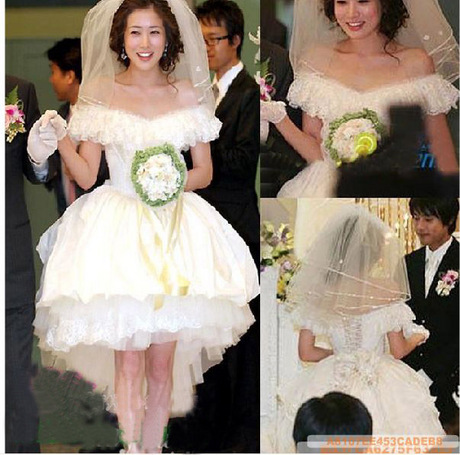 明星同款 前短后长婚纱礼服 一字肩蕾丝花边 绑带短款新娘结婚服 明星同款 前短后长婚纱礼服 一字肩蕾丝花边 绑带短款新娘结婚服