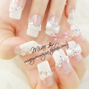  猫又成品手工定制美甲牛奶果冻乳白法式蝴蝶结光疗贴假指甲片贴片