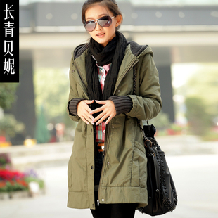  长青贝妮冬装新款军绿加厚外套女韩版中长款棉衣女装152