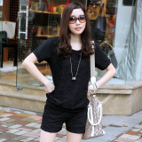 夏季新品女款运动套装 高品质蕾丝休闲套装 女装短袖纯棉运动服