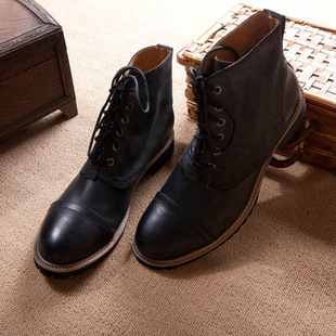  新款流行拼接真皮男靴子牛仔靴英伦短靴户外靴子男马丁靴男