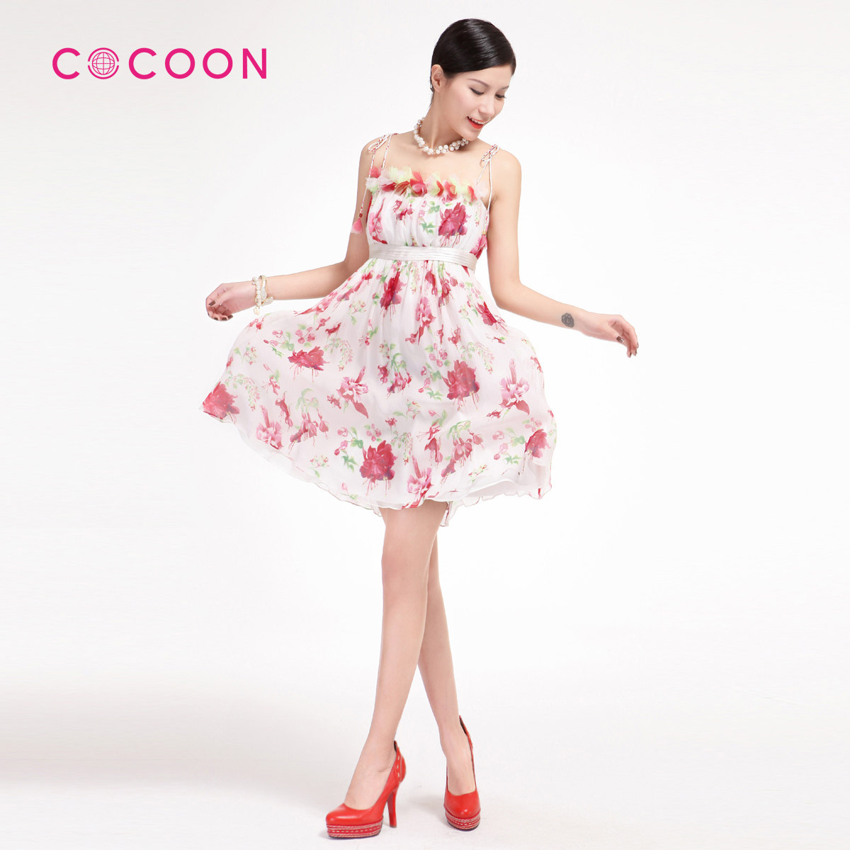 COCOON2012新品真丝收腰A字摆印花吊带连衣裙212105006原价1388
