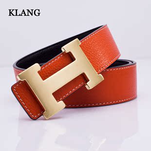  KLANG真皮H扣头层牛皮带男女士双面可用腰带时尚情侣裤带两件包邮