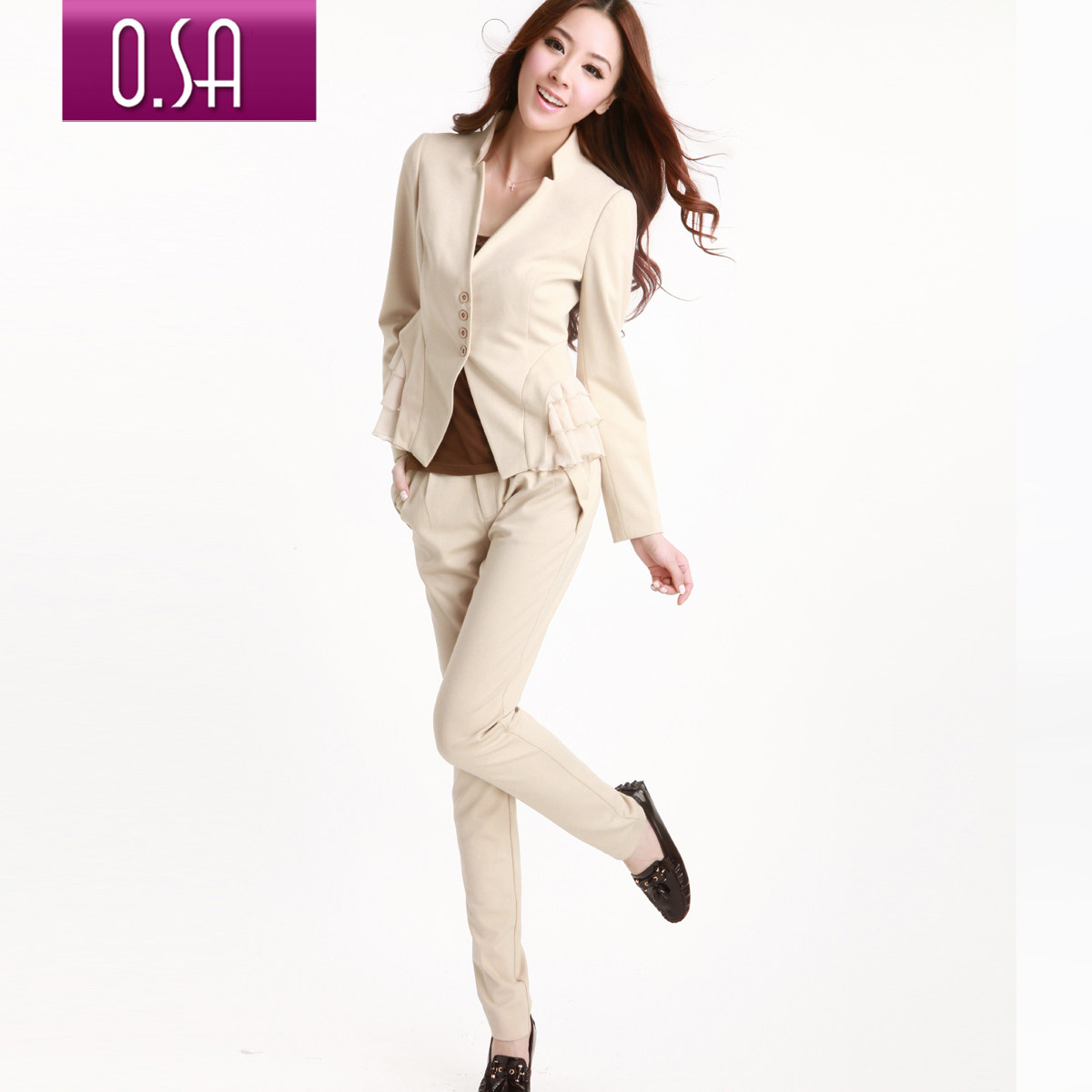 O.SA2011冬装新款女装拼接弹力修身职业时尚休闲套装 女SW11004