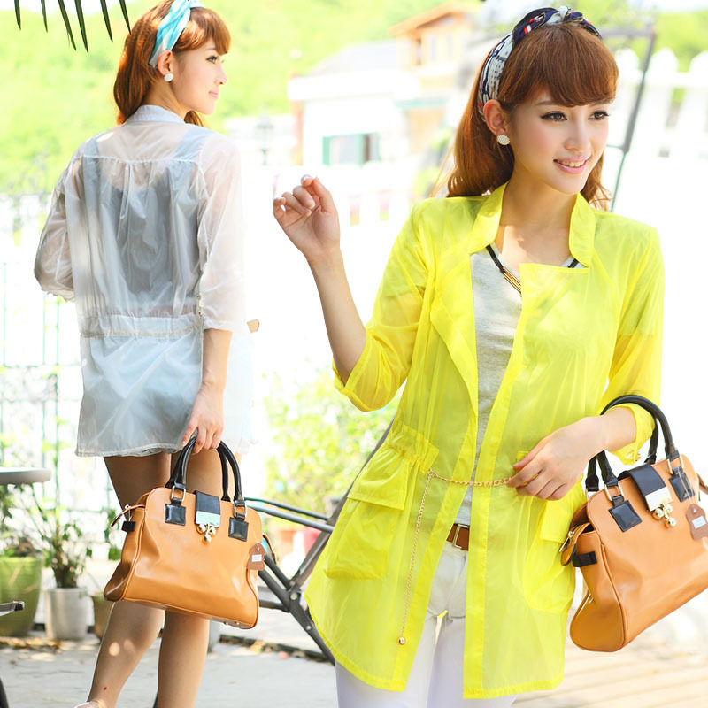 2012夏新款韩版优质女 时尚七分袖荧光透明<span class=H>防晒</span>衣衬衫 送金链腰带
