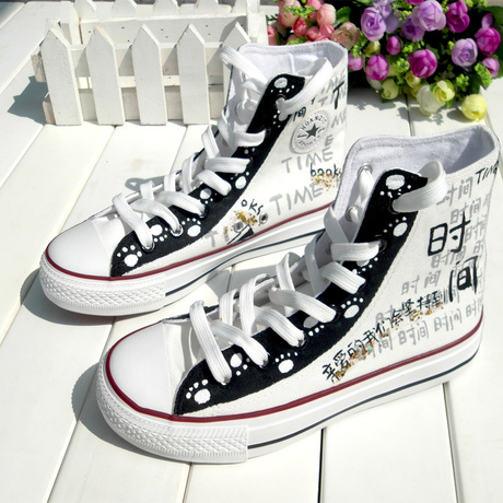 复古男女帆布鞋简约手绘男女休闲鞋纯文字黑白