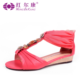  红尔康夏新款凉鞋女平跟鱼嘴凉鞋串珠罗马鞋凉鞋女小坡跟
