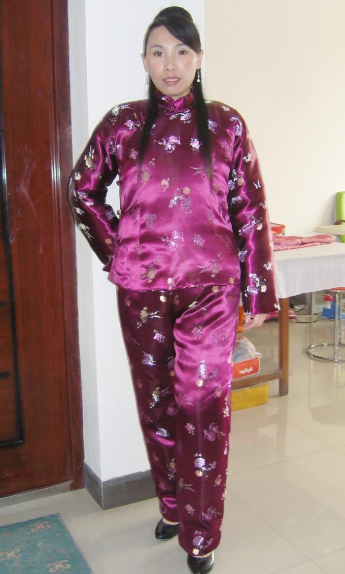 紫色富贵花真丝35缎大襟唐装棉袄棉裤套装定