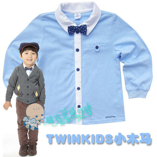  twinkids小木马纯棉外贸儿童男童婴儿宝宝领结长袖衬衣衬衫