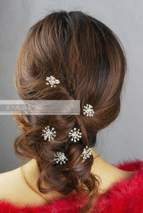  韩式新娘头饰结婚头花朵发簪串珠雪花U形夹U型夹u夹发夹造型饰品