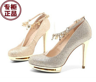  12新款Tata/他她正品金色新娘鞋婚鞋 防水台高跟鞋33码小码女单鞋