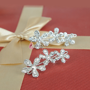  韩国式新娘头饰头花时尚银色水钻山茶花发夹边夹结婚纱配饰品儿童