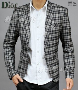  春季新款男装格子西服 韩版时尚修身格子一粒扣男士休闲西装