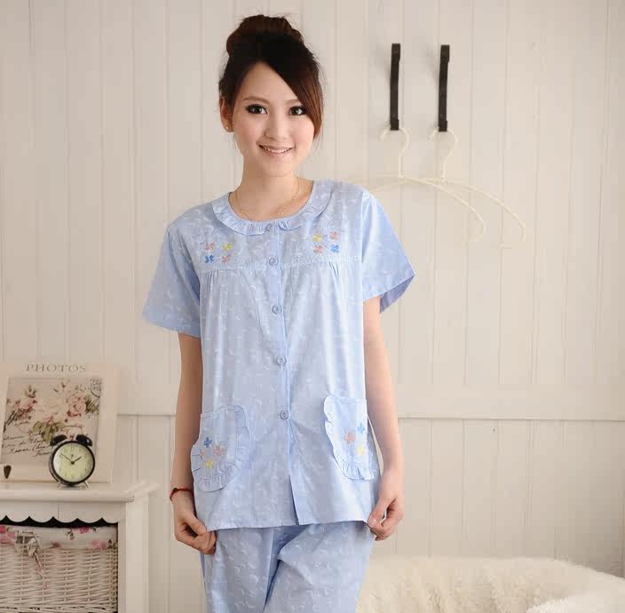 2件包邮 12新款日系绣花蓝色女士纯棉长袖睡衣居家服套装