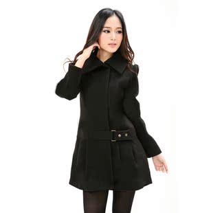  思坎 冬装韩版修身长袖系腰带中长款韩版纯色毛呢大衣外套 女