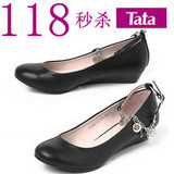 tata他她专柜正品 2011春秋新款单鞋 真皮坡跟圆头女鞋子2Ci42