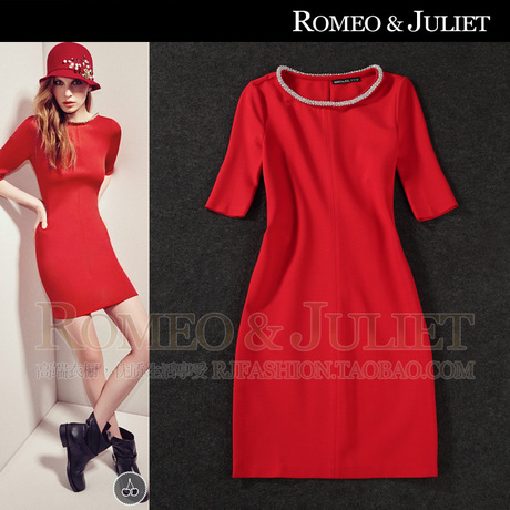 【设计师】2014欧美春装新款女装 水钻装饰修身红色针织棉连衣裙