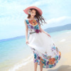 夏季波(夏季波)西米亚风格长裙，无袖圆领时尚雪纺，连衣裙碎花色高腰大摆裙子