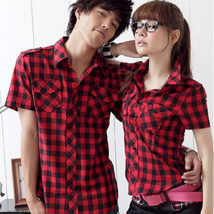 韩黛薇夏季新款 韩版男女衬衣情侣款格子衬衫女士短袖情侣衬衫