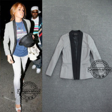 Lindsay Lohan同款 帅气十足黑灰拼接中长款休闲西服/小西装外套