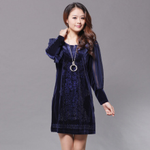 母亲节衣服 中老年人高档连衣裙 金丝绒大码长袖连衣裙 妈妈装