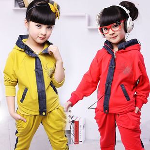  童装女童原创新款春装中大儿童宝宝外套运动套装牛仔拼接套装