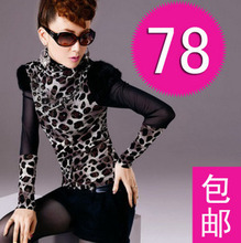 2012春装新款大码女装蕾丝小衫T恤女高领长袖网纱豹纹打底衫包邮